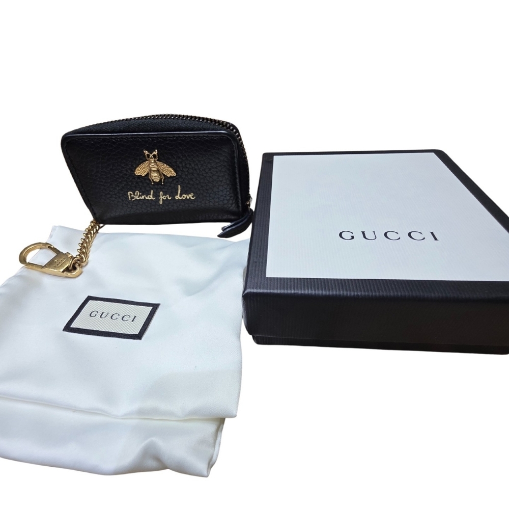 Gucci Black Coin Key Case, Animalier Bee Gold Accent